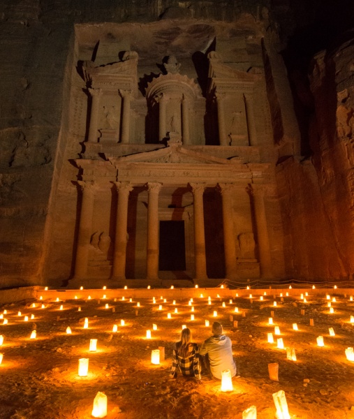 Guide to the Lost City of Petra, Jordan: The Treasury at Petra by Night, Petra, Jordan by Wandering Wheatleys