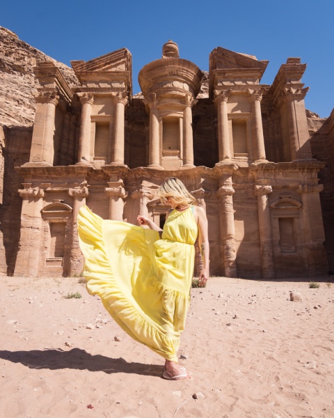 Guide to the Lost City of Petra, Jordan: Posing in front of the Monastery, Petra, Jordan by Wandering Wheatleys
