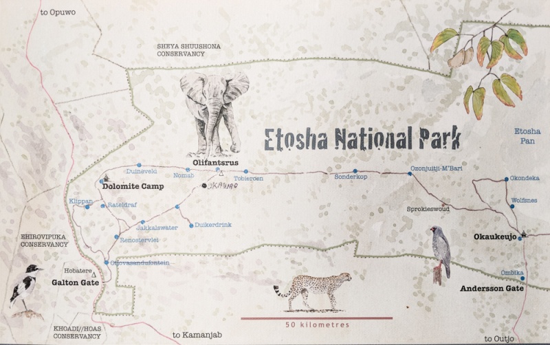 Etosha National Park: Namibia: Map of the Galton Gate area, Etosha National Park, Namibia