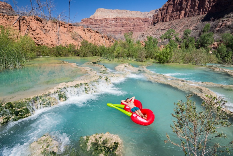 Havasu Falls: Havasupai Falls Arizona Reservations: Cherry Pool Float at Fifty Foot Falls, Havasu Canyon, Arizona