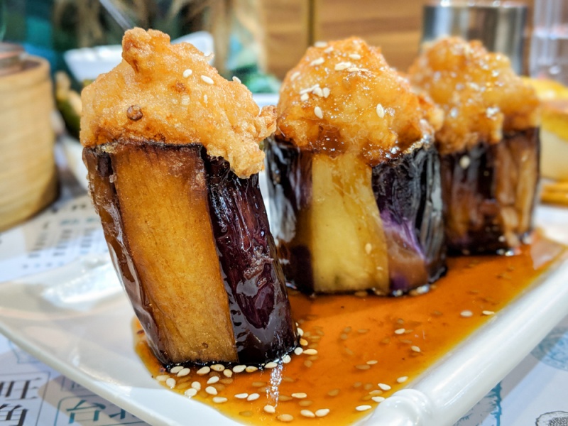 Best Cheap Dim Sum Restaurants in Hong Kong: Seafood Stuffed Eggplant in Teriyaki Sauce at Dim Dim Sum, Jordan