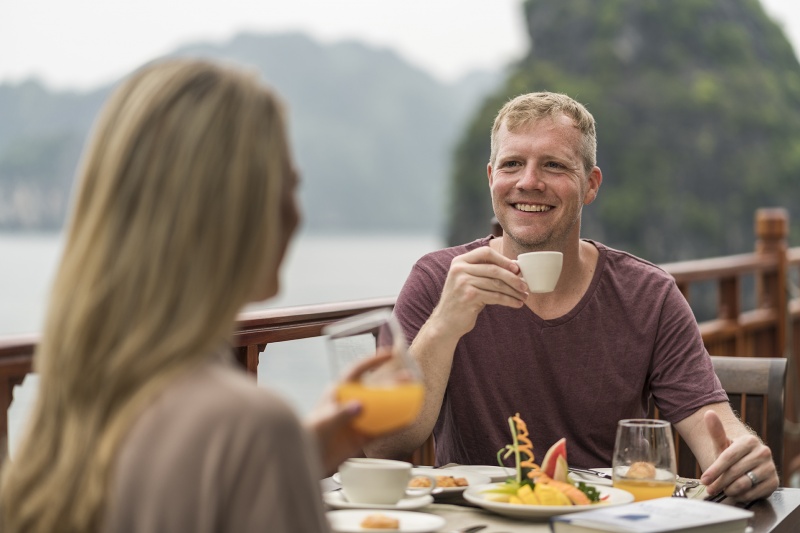 Breakfast on Deck on the Ylang Cruise Ship Through Heritage Cruise Lines in Lan Ha Bay Vietnam