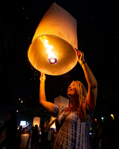 Val Wheatley launches a Sky Lantern in Chiang Mai, Thailand